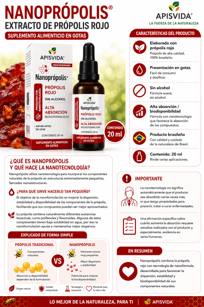 Suplemento Propolis 🐝 Nanoprópolis – Extracto de Própolis Rojo
Marca: Apisvida
Presentación: Gotas
Contenido: 20 ml
Fórmula: Sin alcohol 💛