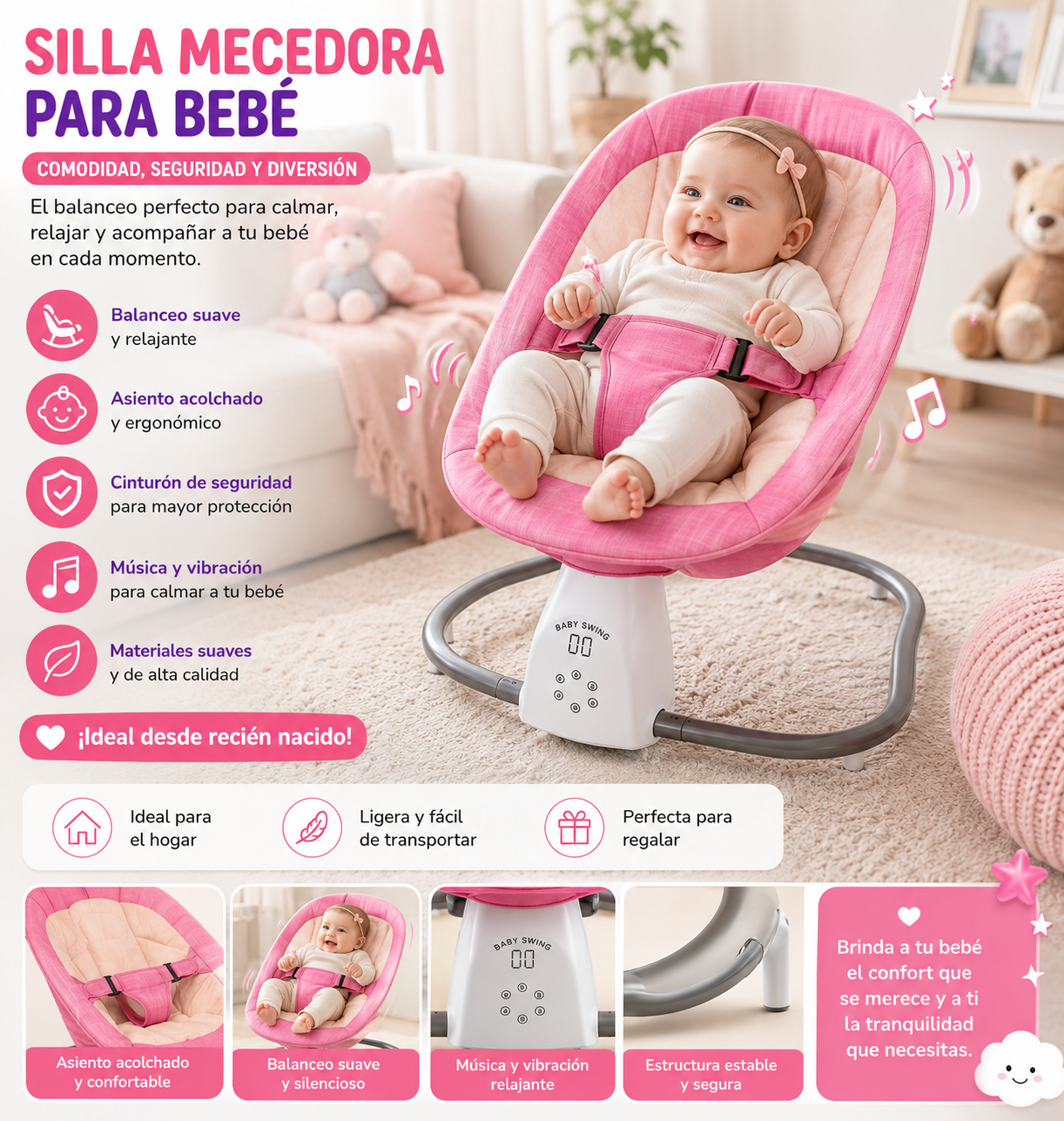 🩷 Bassinet Silla mecedora multifuncional 2en1 para bebé 359710