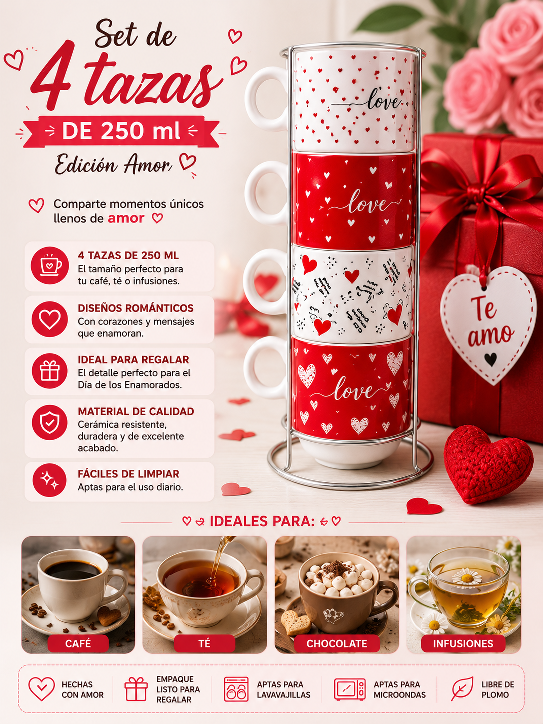 🩷 Set de 4 tazas de 250 ml – Edición Amor ☕💘 82211156