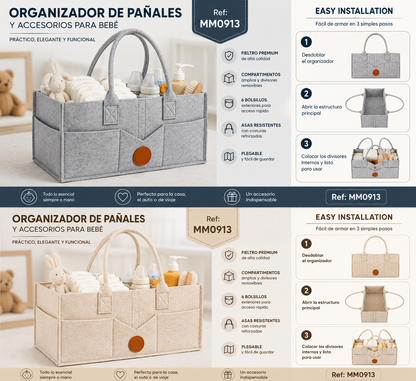 Bolsa Organizador de Pañales y Accesorios para Bebé – Fieltro Premium con Múltiples Compartimentos MM0913