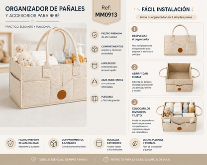 Bolsa Organizador de Pañales y Accesorios para Bebé – Fieltro Premium con Múltiples Compartimentos MM0913