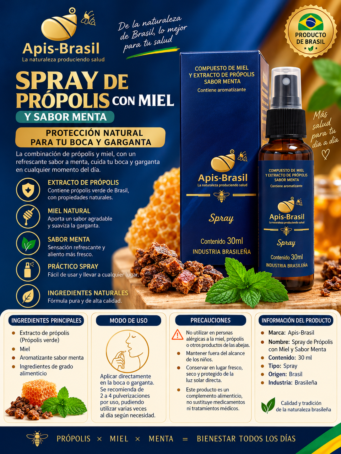 🍯 Apis Brasil – Spray de Própolis con Miel y Sabor Menta – 30ml