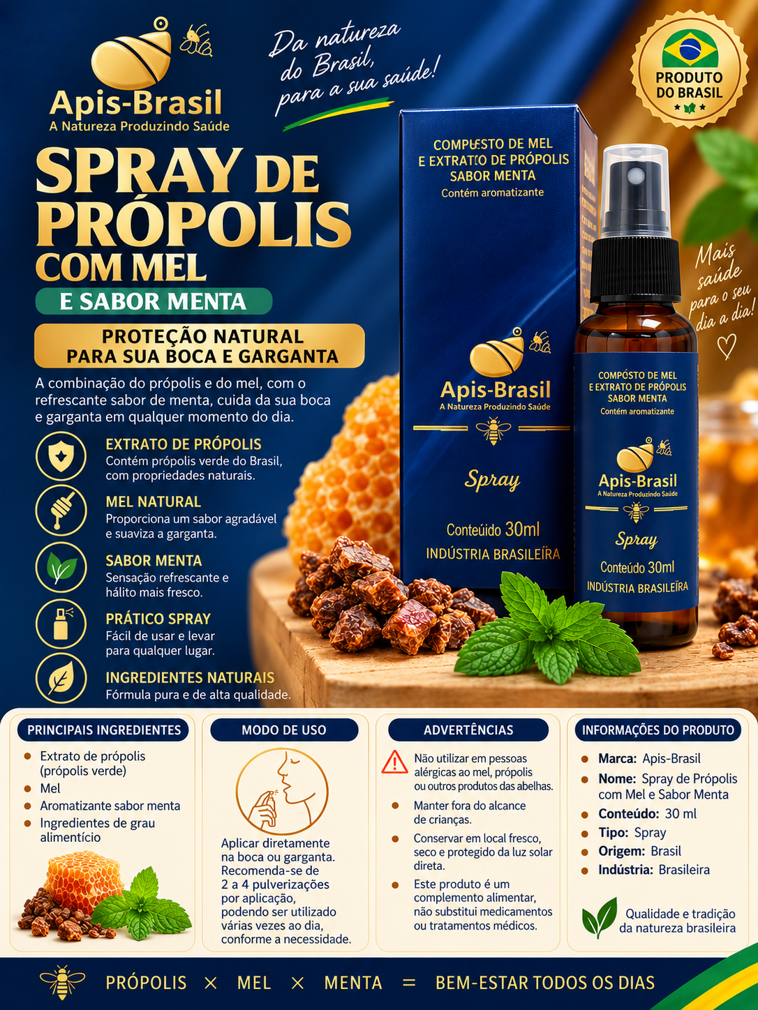 🍯 Apis Brasil – Spray de Própolis con Miel y Sabor Menta – 30ml