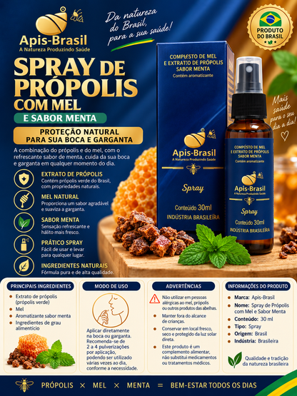 🍯 Apis Brasil – Spray de Própolis con Miel y Sabor Menta – 30ml