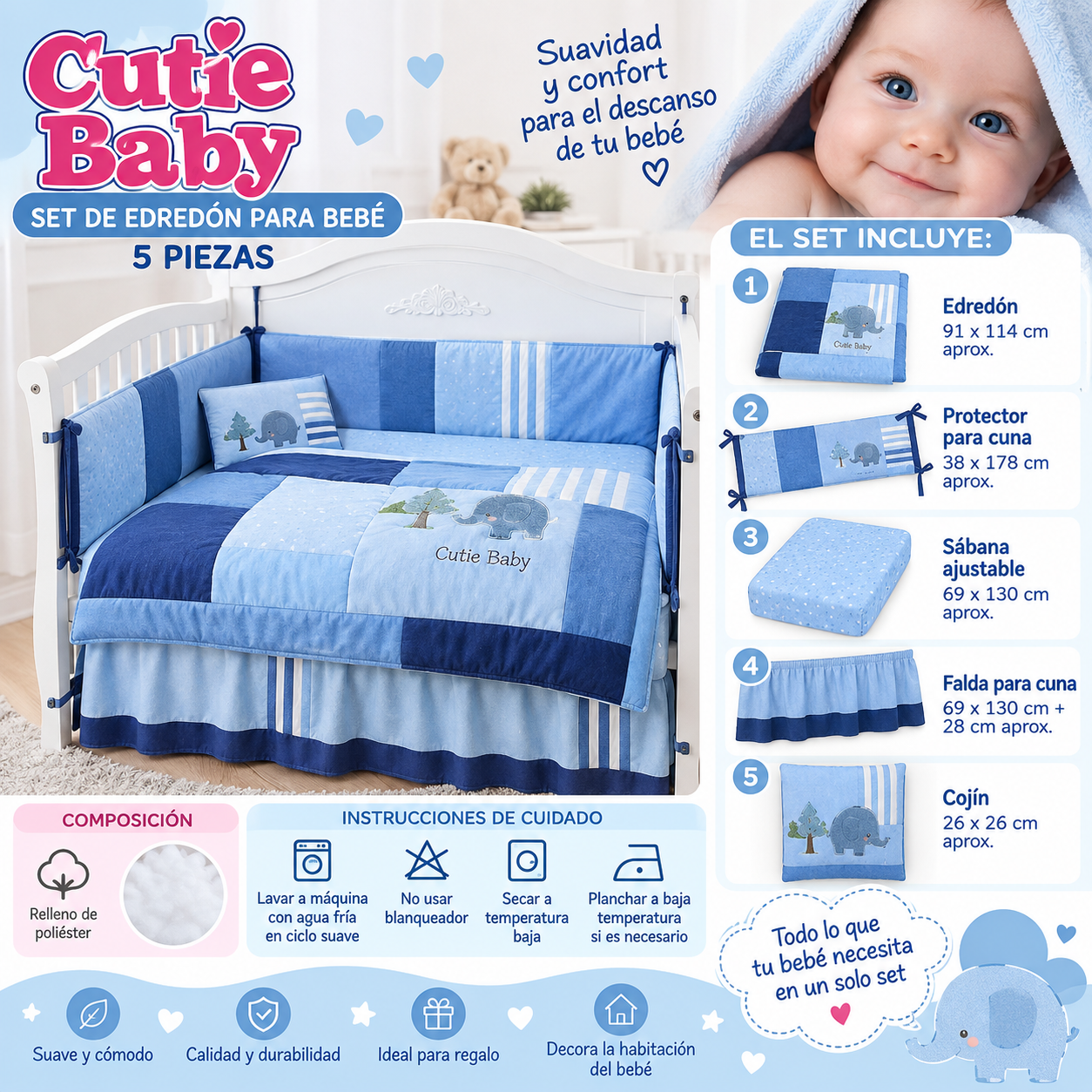 🩵Cutie Baby – Set de Edredón para Bebé 5 Piezas💛