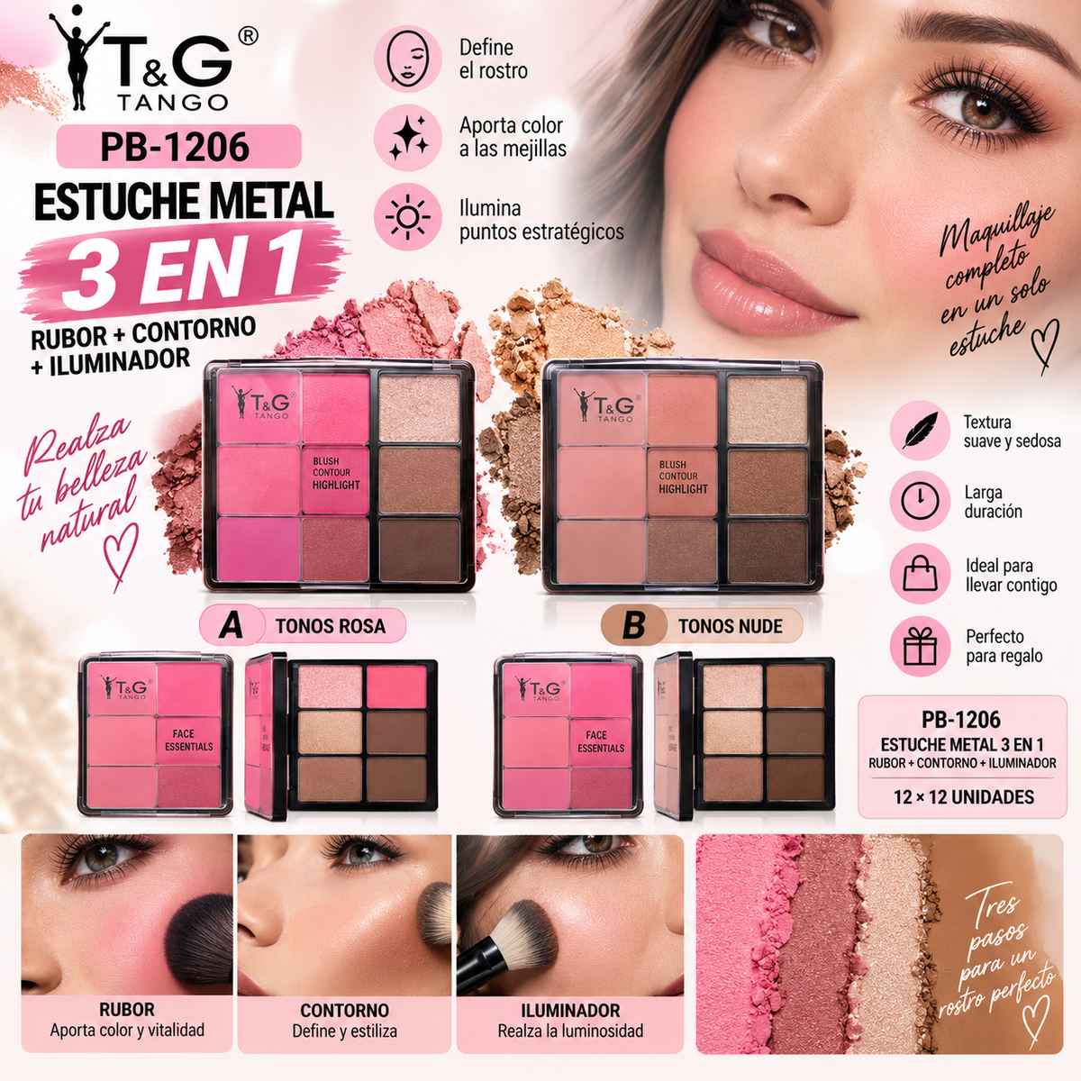 💕 T&G ESTUCHE METAL Rubor + Contorno + Iluminador. 3EN1 - PB-1206  x12 Box 💛