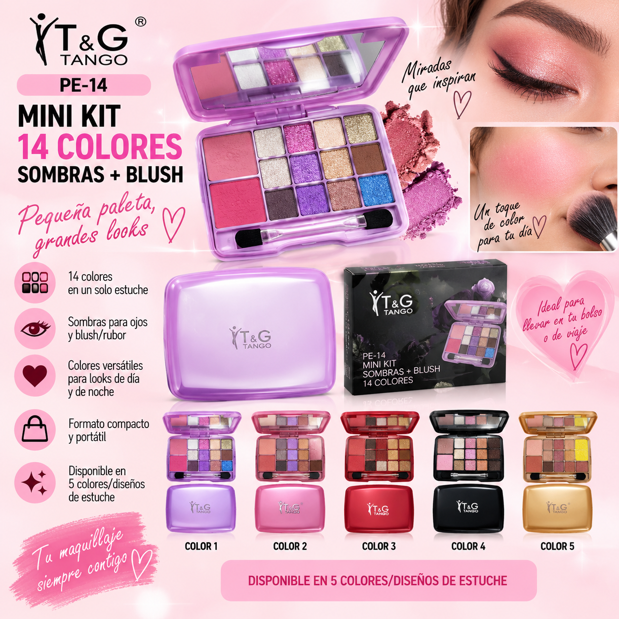 🎨T&G MINI KIT 14 COLORES: SOMBRAS + BLUSH PE-14 x24 Box 💛