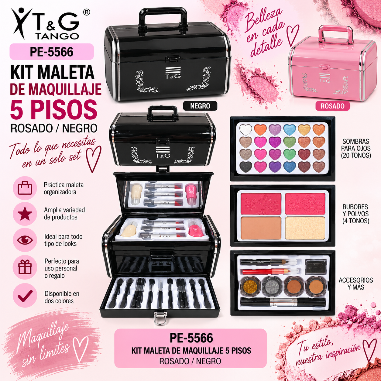 💄 T&G KIT MALETA DE MAQUILLAJE 5 PISOS PE-5566 x12 Box 💛