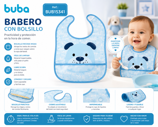 Buba Babero Impermeable con Bolsillo Recogemigas Perrito Azul 5m+ BUB15341 29x36x0,5cm 💙