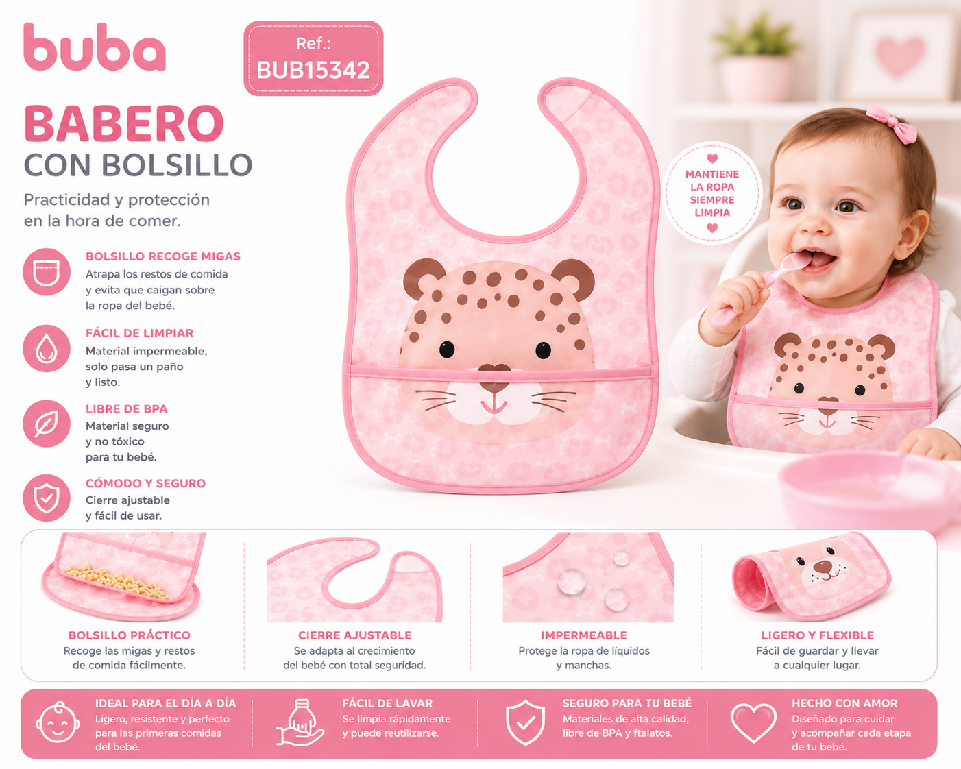 Buba Babero Impermeable con Bolsillo Recogemigas Leopardo Rosa 5m+ BUB15342 - 29x36x0,5cm