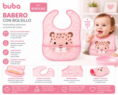 Buba Babero Impermeable con Bolsillo Recogemigas Leopardo Rosa 5m+ BUB15342 - 29x36x0,5cm