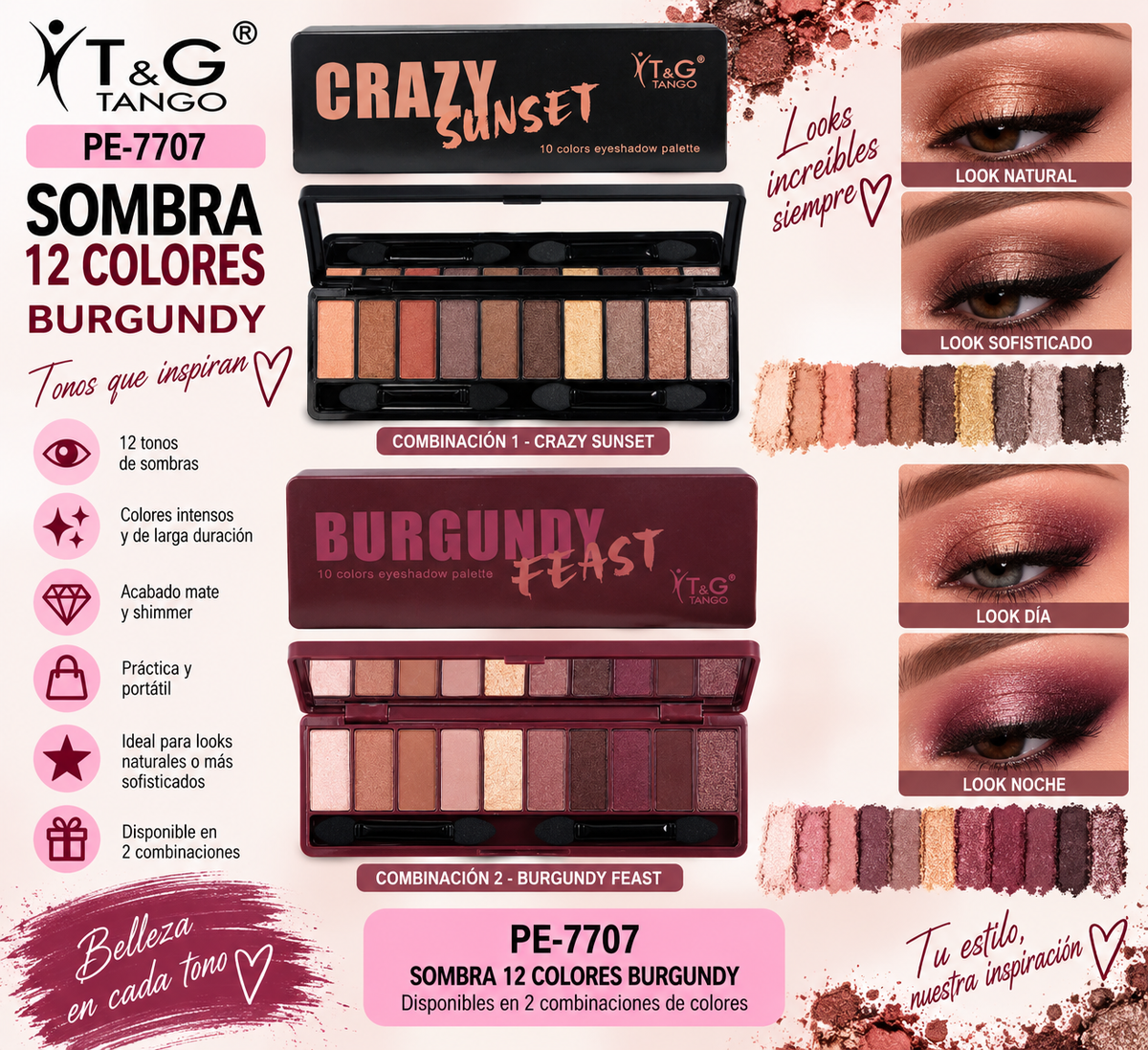 🍷 T&G SOMBRA 12 COLORES BURGUNDY PE-7707 x24 Box 💛
