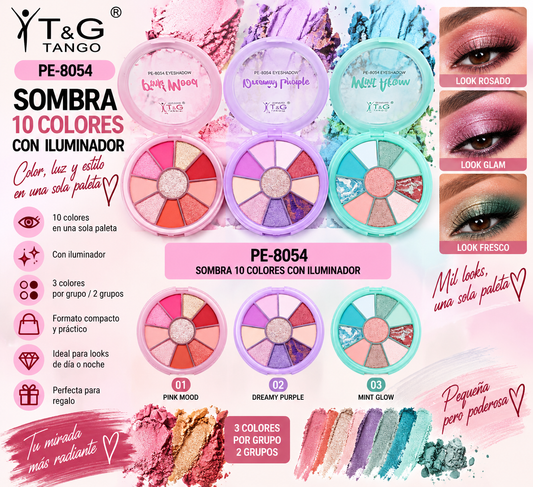 🌸 T&G SOMBRA 10 COLORES CON ILUMINADOR - PE-8054 x24 Box 💛