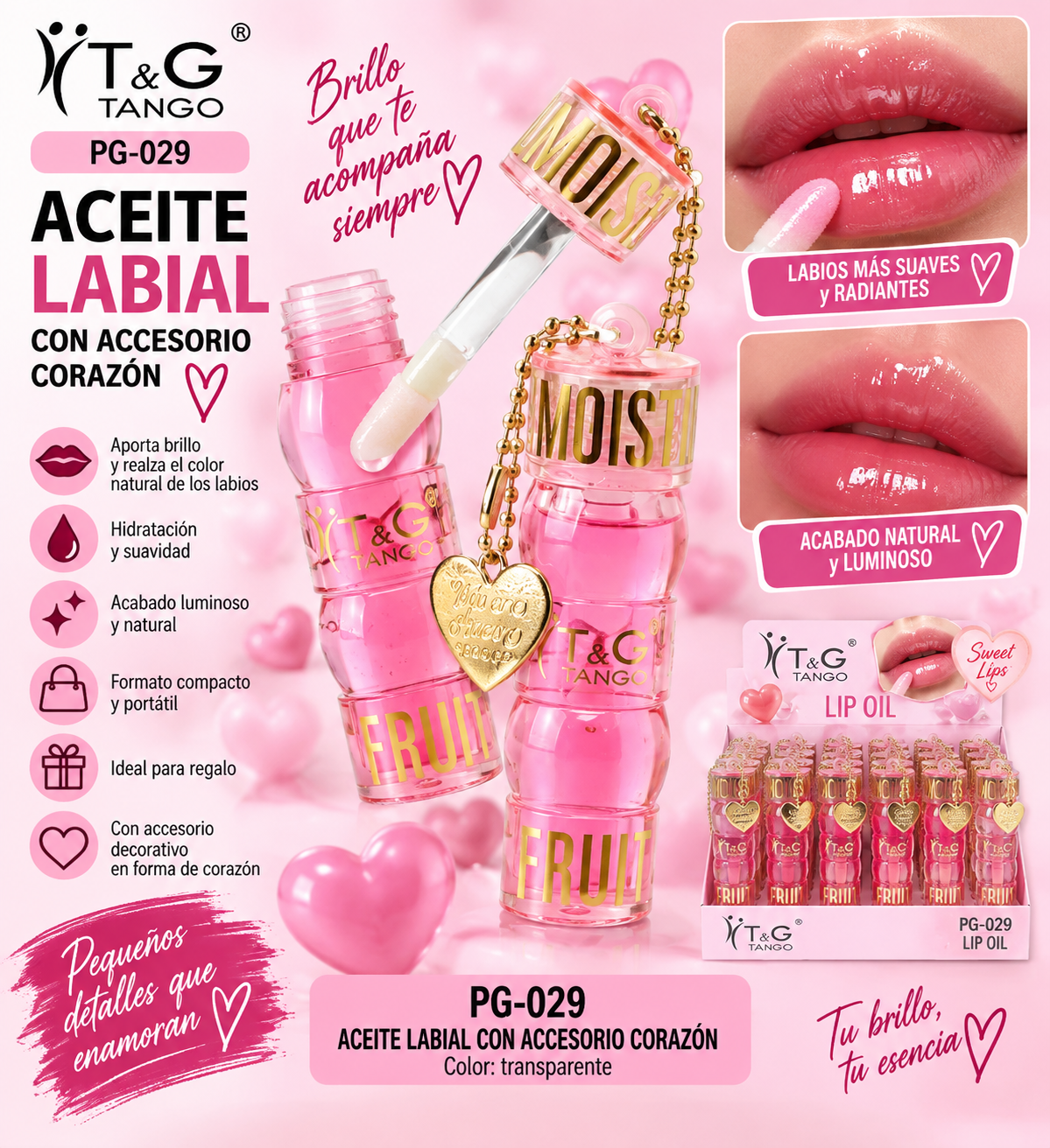 💗 T&G ACEITE LABIAL CON ACCESORIO CORAZÓN PG-029 x24 Box 💛