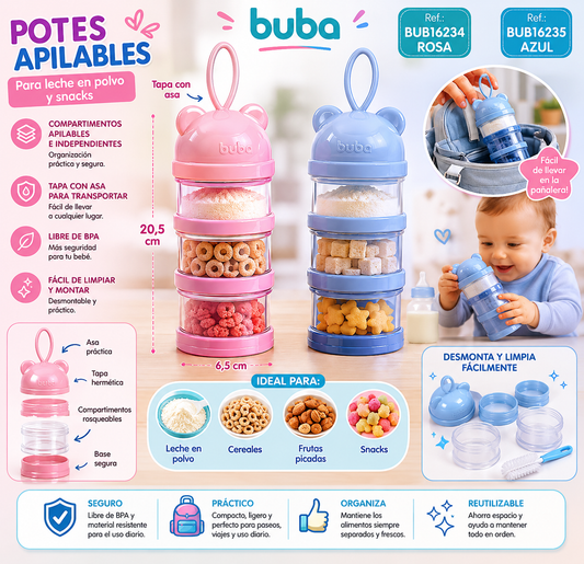 💚 Buba Recipientes Apilables para Leche en Polvo y Snacks – 
BUB16234 – Rosa
BUB16235 – Azul