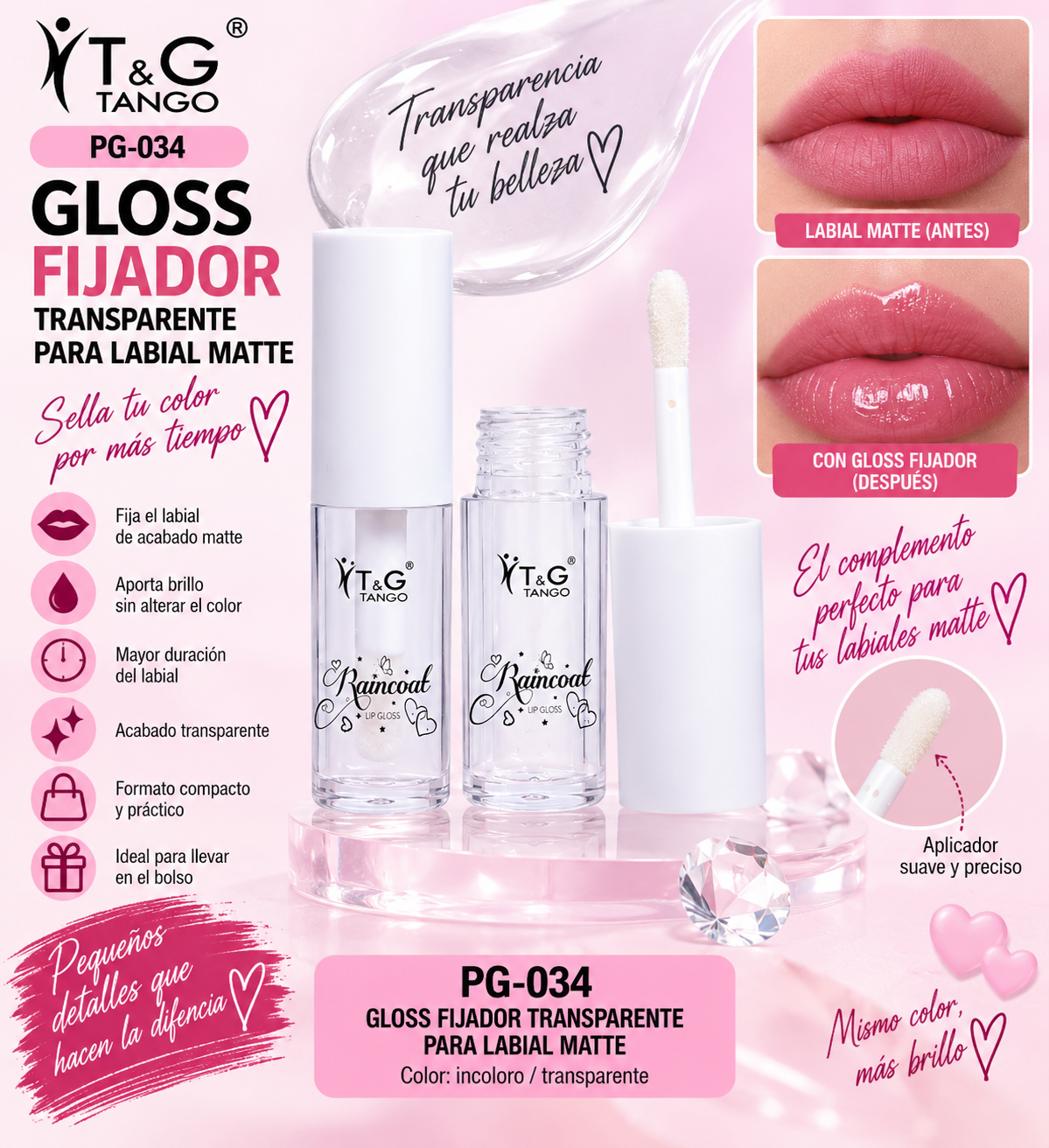 ✨ T&G GLOSS FIJADOR TRANSPARENTE PARA LABIAL MATTE PG-034 x24 Box 💛