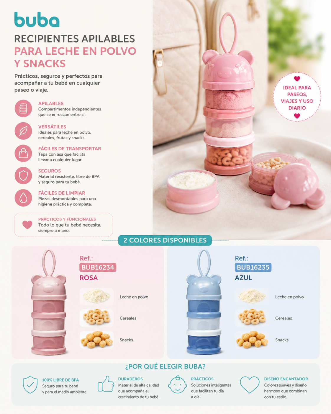 💚 Buba Recipientes Apilables para Leche en Polvo y Snacks – 
BUB16234 – Rosa
BUB16235 – Azul