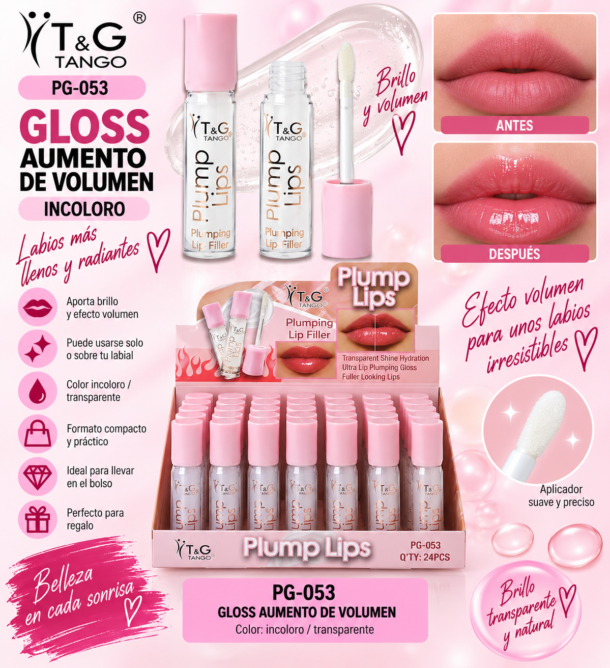 💋T&G GLOSS AUMENTO DE VOLUMEN INCOLORO PG-053 x24 Box 💛