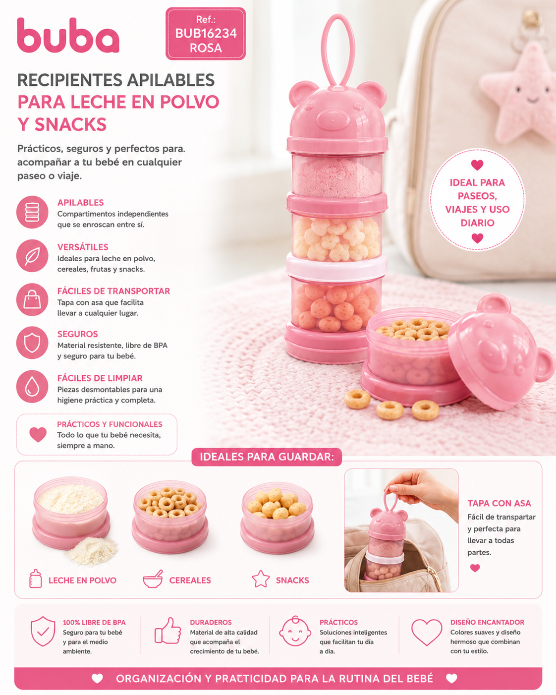 💚 Buba Recipientes Apilables para Leche en Polvo y Snacks – 
BUB16234 – Rosa
BUB16235 – Azul