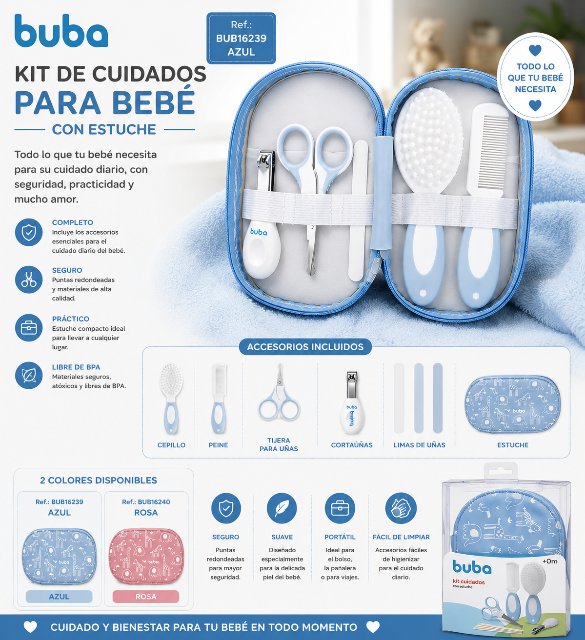 Buba Kit de Cuidados para Bebé con Estuche 
BUB16239 – Azul
BUB16240 – Rosa