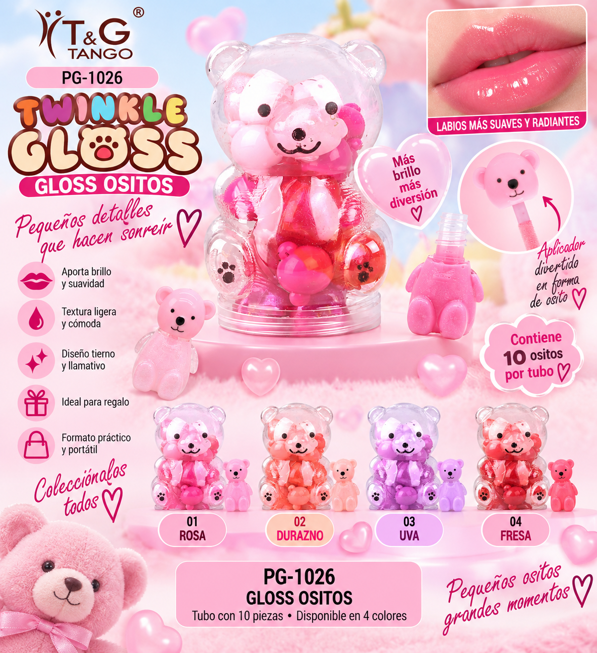 🧸 T&G GLOSS OSITOS • TUBO CON 10 PIEZAS PG-1026 💛