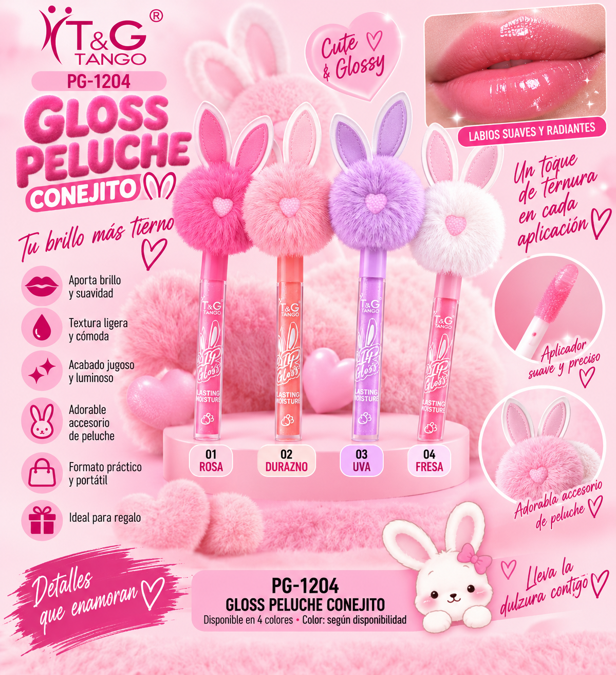 🐰 T&G GLOSS PELUCHE CONEJITO PG-1024 x12 Box 💛