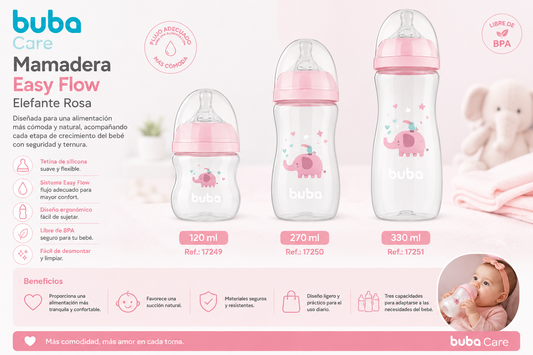 💚 Buba Biberón Easy Flow Nube Rosa 120ml - 270ml - 330ml