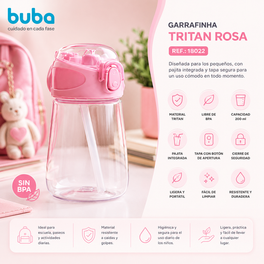 Buba Botella Tritan con Pajita 360ml 2Años+ Rosa BUB18022 8x15x8cm