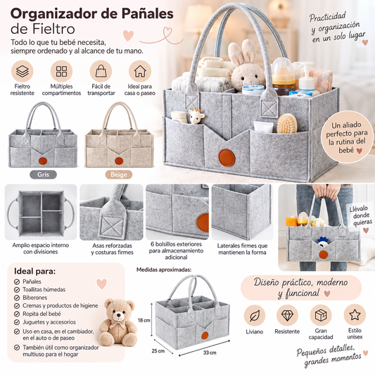 🧸 Maternidad Organizador de Pañales y Accesorios para Bebé – Fieltro 💚