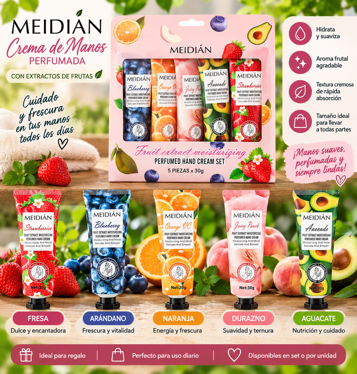MEIDIÁN – Crema de Manos Perfumada con Extractos de Frutas Kit x5 und 🍓🥑🍊🫐🍑