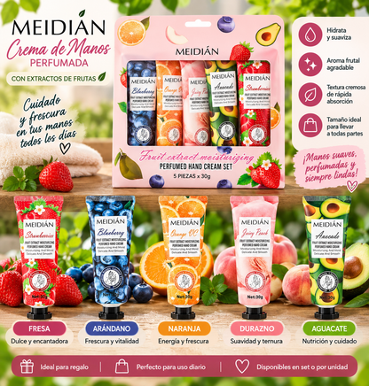 MEIDIÁN – Crema de Manos Perfumada con Extractos de Frutas Kit x5 und 🍓🥑🍊🫐🍑