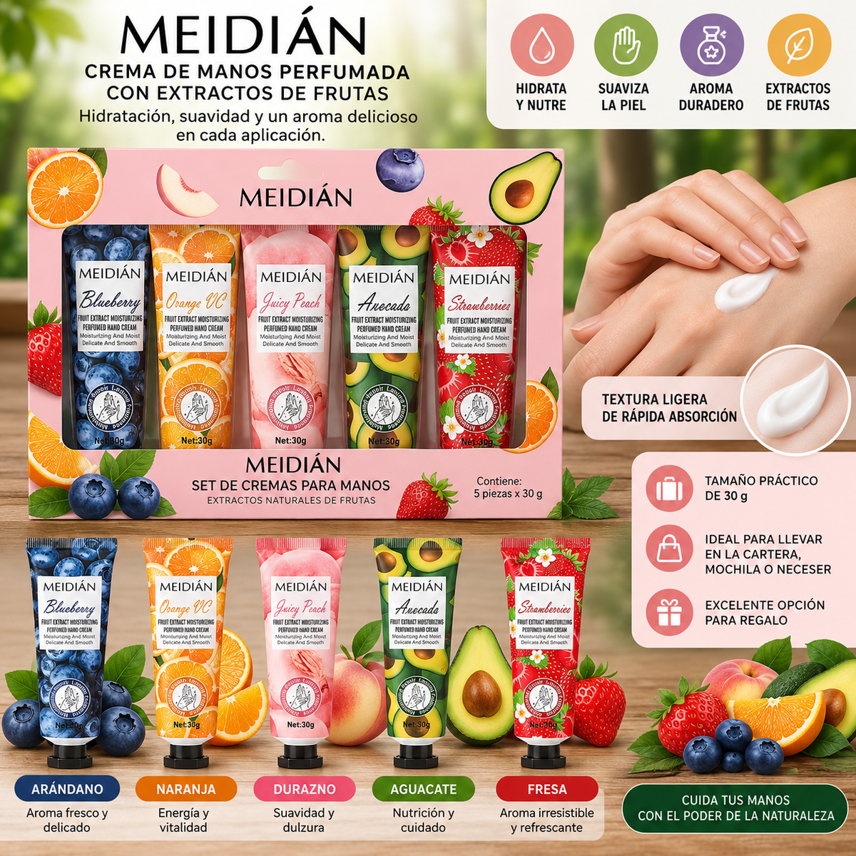 MEIDIÁN – Crema de Manos Perfumada con Extractos de Frutas Kit x5 und 🍓🥑🍊🫐🍑
