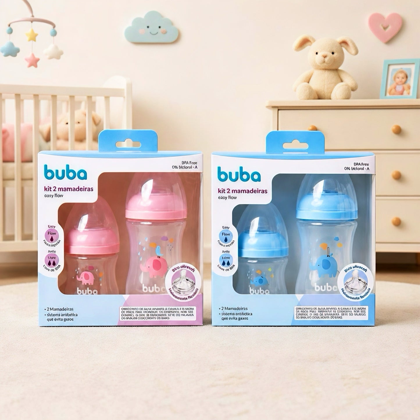 Buba Kit de 2 Biberon Easy Flow 120 ml + 270 ml - Rosa – BUB20981 - Azul BUB20982