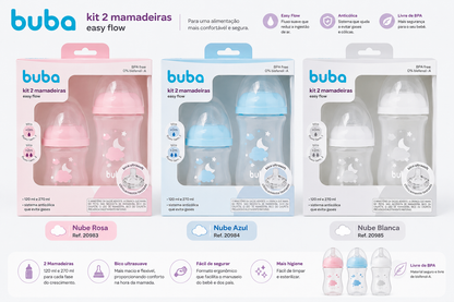 Buba Kit 2 Biberón Easy Flow 120 ml + 270 ml Nube Rosa BUB20983 - Nube Azul BUB20984 - Nube Blanca – BUB20985