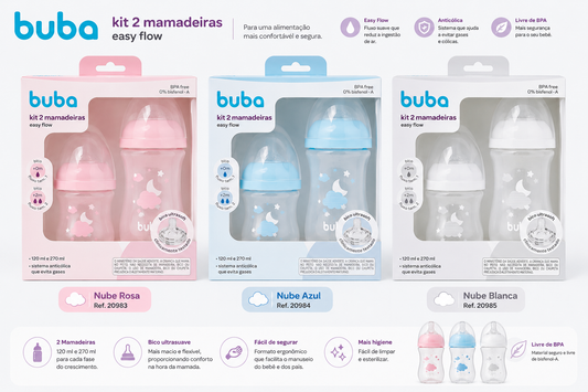 Buba Kit 2 Biberón Easy Flow 120 ml + 270 ml Nube Rosa BUB20983 - Nube Azul BUB20984 - Nube Blanca – BUB20985