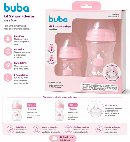 Buba Kit 2 Biberón Easy Flow 120 ml + 270 ml Nube Rosa BUB20983 - Nube Azul BUB20984 - Nube Blanca – BUB20985