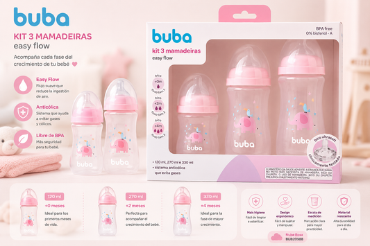 Buba Kit 3 Biberón Easy Flow 120 ml + 270 ml + 330 ml                      Nube Rosa – BUB20988          Nube Azul – BUB20989             Nube Blanca – BUB20990