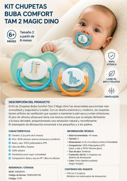Buba Kit de Chupetas Buba Comfort Tam. 2 Magic Dino 💚         👶 A partir de 6 meses