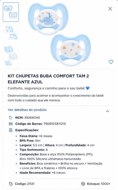 Buba Kit de Chupetas Buba Comfort Tam. 2 Elefante Azul 💚
👶 A partir de 6 meses BUB21121