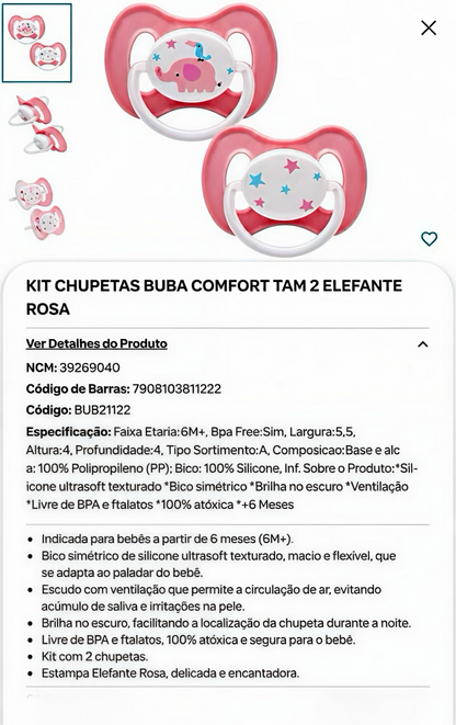 Buba Kit de Chupetas Buba Comfort Tam. 2 Elefante Rosa BUB21122 💚                                     👶 A partir de 6 meses
