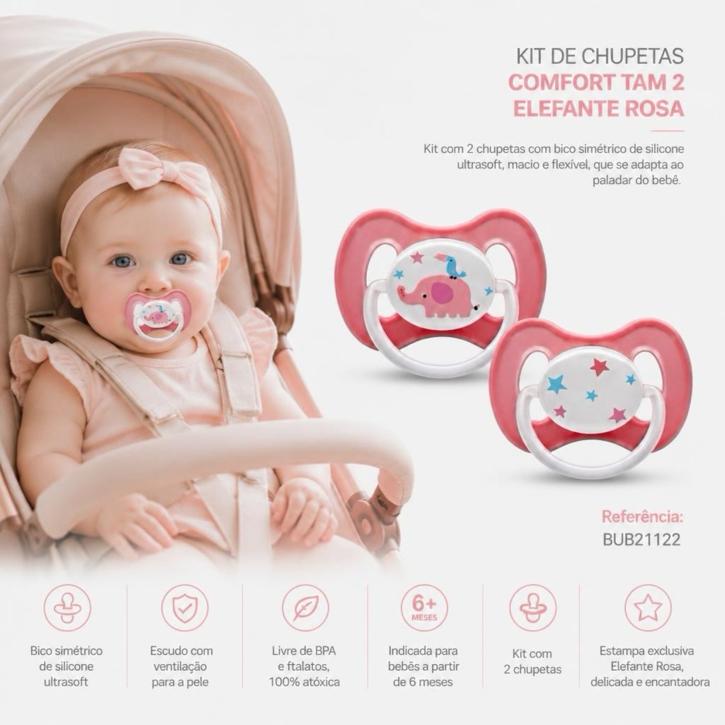 Buba Kit de Chupetas Buba Comfort Tam. 2 Elefante Rosa BUB21122 💚                                     👶 A partir de 6 meses