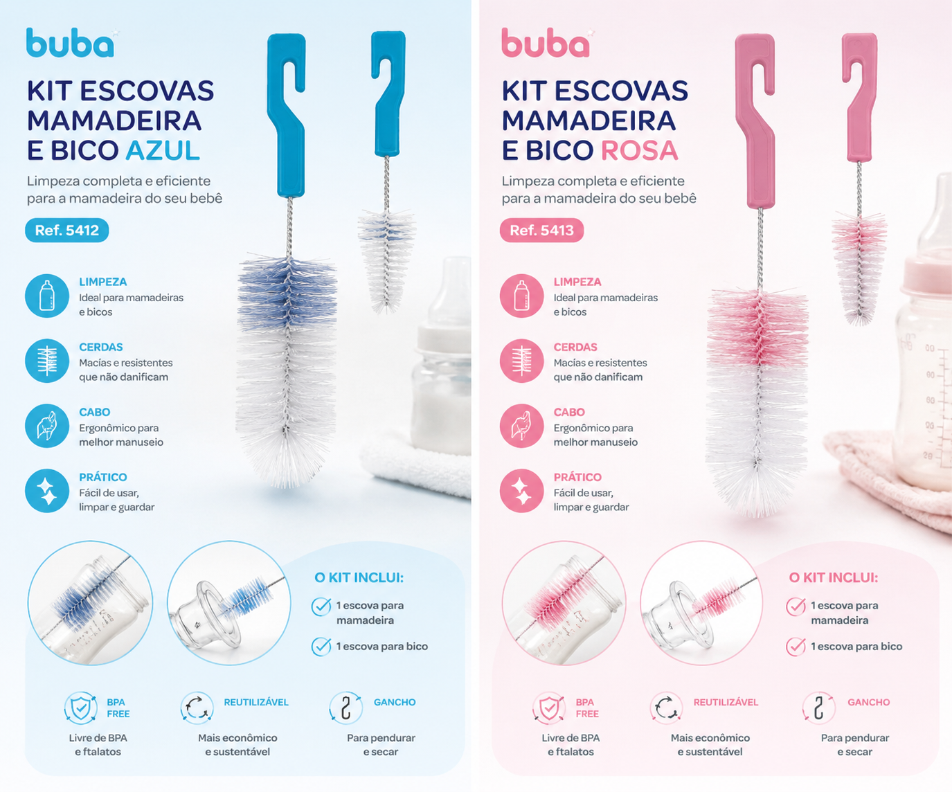 Buba Kit de Escovas para Mamadeira e Bico Azul BUB5412 - Rosa BUB5413