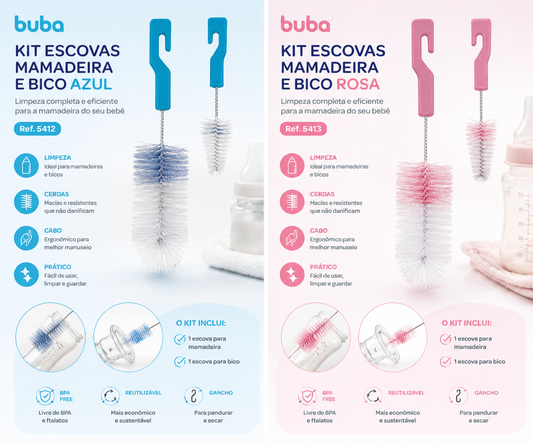 Buba Kit de Escovas para Mamadeira e Bico Azul BUB5412 - Rosa BUB5413