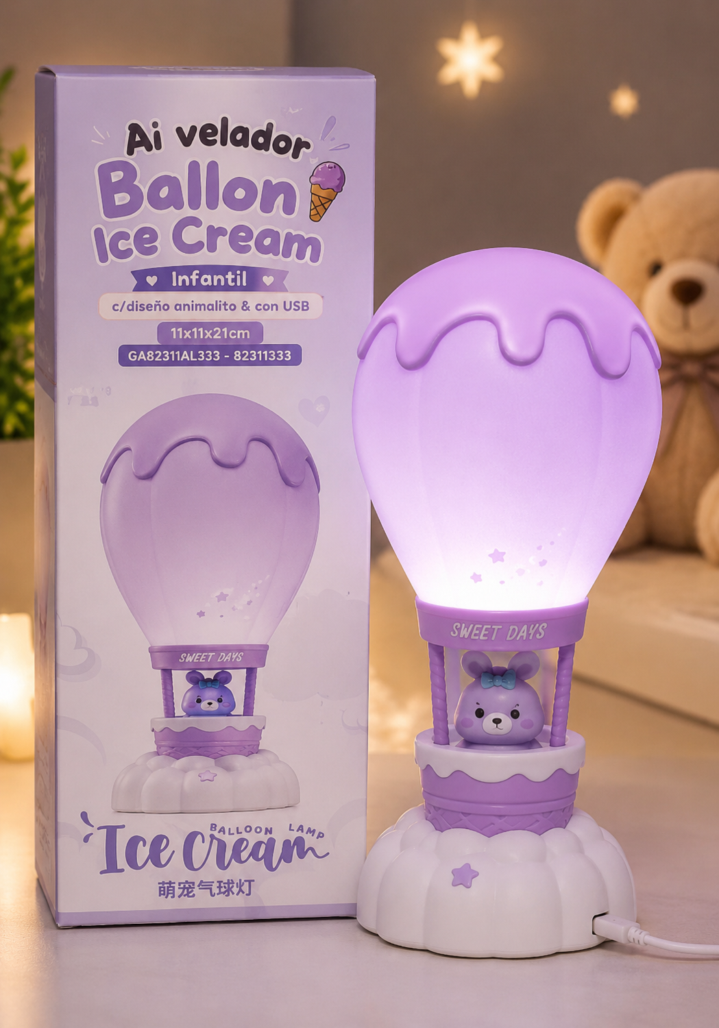 Lámpara Globo Aerostático Ice Cream -velador ballon ice cream infantil c/diseño animalito & con USB 11x11x21cm - 82311333 🩷🎈✨