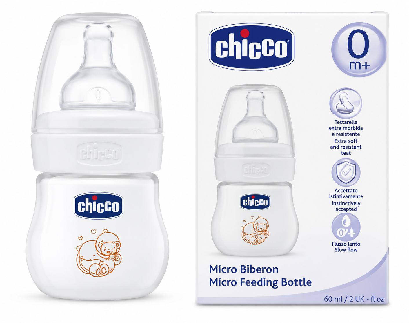 Chicco Biberón Micro 60 ml con Tetina de Silicona 0M+
Ref.: 70701-30 | Cód.: 4034765