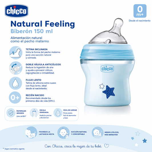 Chicco Biberón Natural Feeling 150 ml Azul 0M+
Ref.: 80811-21 | Cód.: 4085002