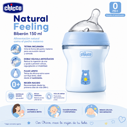 Chicco Biberón Natural Feeling 0M+ 150 ml
Colores: Rosa, Azul y Amarillo
Ref.:81311-10 / 81311-20