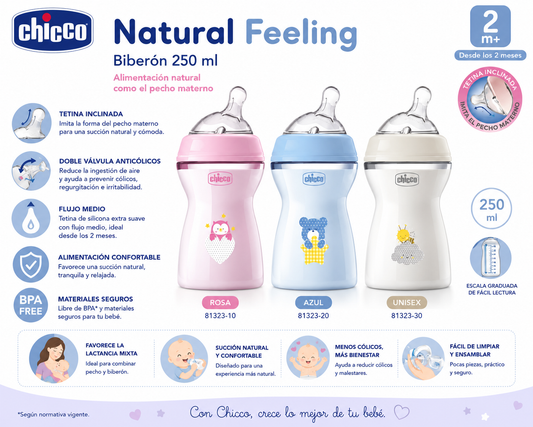 Chicco Biberón Natural Feeling 250 ml 2M+
Colores: Rosa, Azul y Unisex
Ref.: 81323-10 / 81323-20 / 81323-30