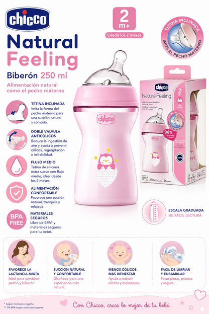 Chicco Biberón Natural Feeling 250 ml 2M+
Colores: Rosa, Azul y Unisex
Ref.: 81323-10 / 81323-20 / 81323-30