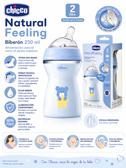 Chicco Biberón Natural Feeling 250 ml 2M+
Colores: Rosa, Azul y Unisex
Ref.: 81323-10 / 81323-20 / 81323-30